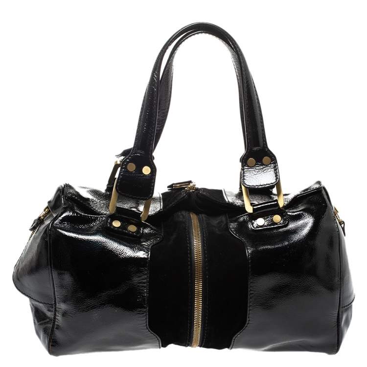 Pre Owned Jimmy Choo Black Patent Leather and Suede Marla Satchel