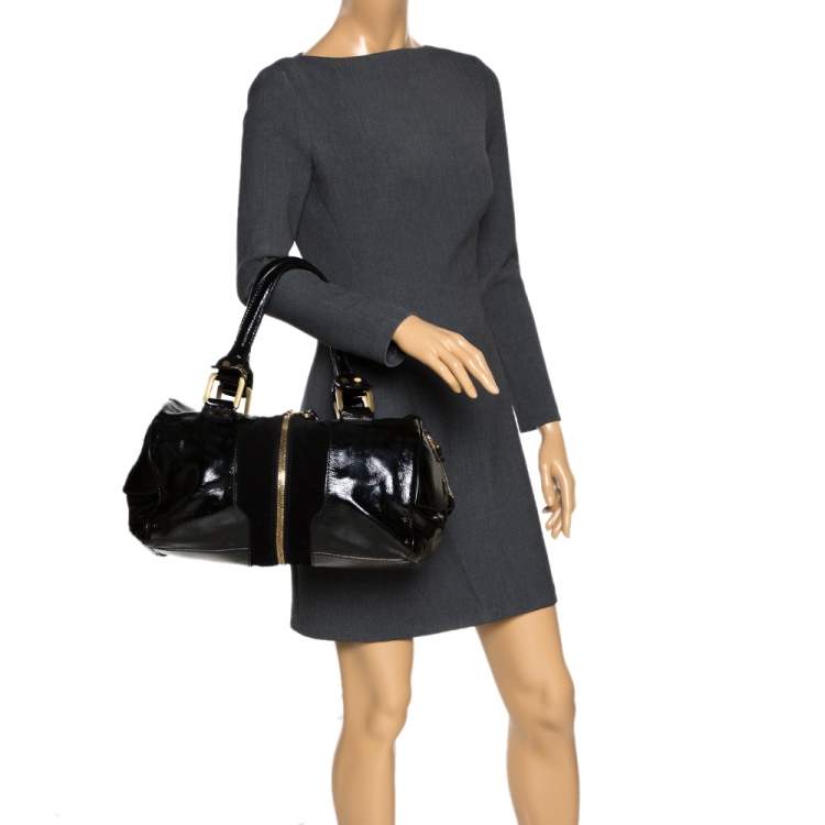Pre Owned Jimmy Choo Black Patent Leather and Suede Marla Satchel