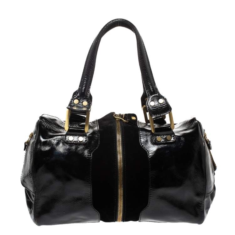 Pre Owned Jimmy Choo Black Patent Leather and Suede Marla Satchel