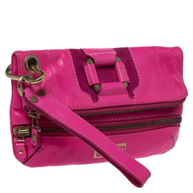 Pre Owned Jimmy Choo Neon Pink Leather Mave Foldover Clutch