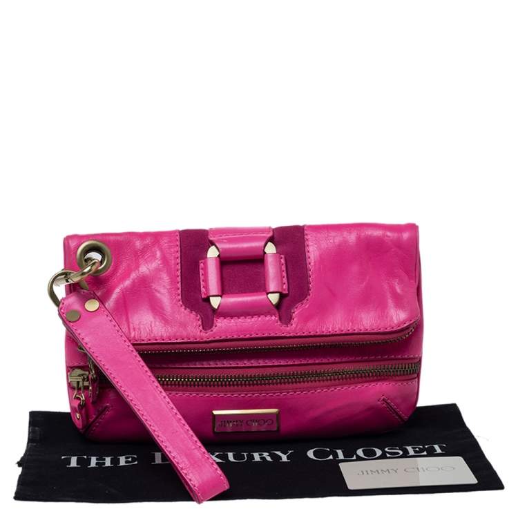 Pre Owned Jimmy Choo Neon Pink Leather Mave Foldover Clutch