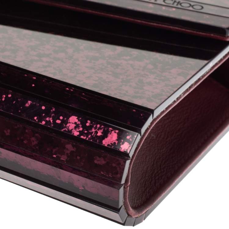 Pre Owned Jimmy Choo Burgundy Glitter Acrylic Candy Clutch Bag