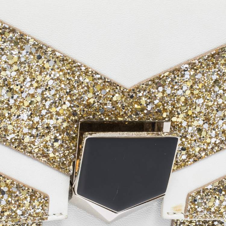 Pre Owned Jimmy Choo White/Gold Leather and Glitters Lockett City Shoulder Bag