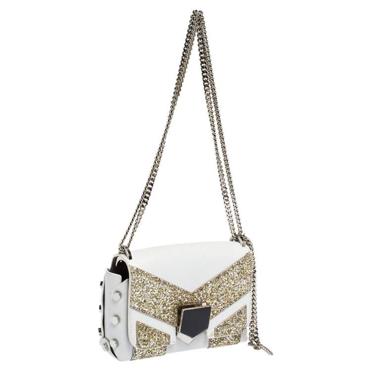 Pre Owned Jimmy Choo White/Gold Leather and Glitters Lockett City Shoulder Bag