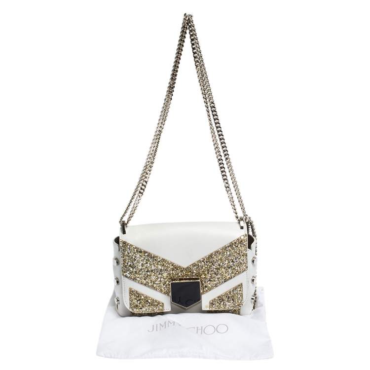 Pre Owned Jimmy Choo White/Gold Leather and Glitters Lockett City Shoulder Bag