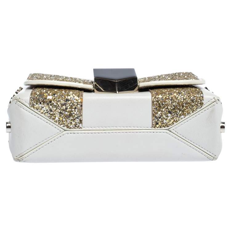 Pre Owned Jimmy Choo White/Gold Leather and Glitters Lockett City Shoulder Bag