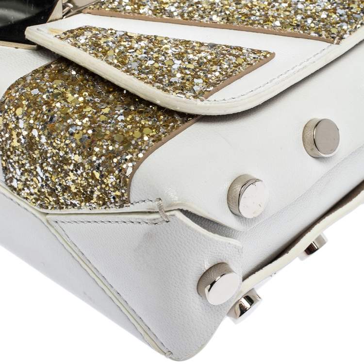 Pre Owned Jimmy Choo White/Gold Leather and Glitters Lockett City Shoulder Bag