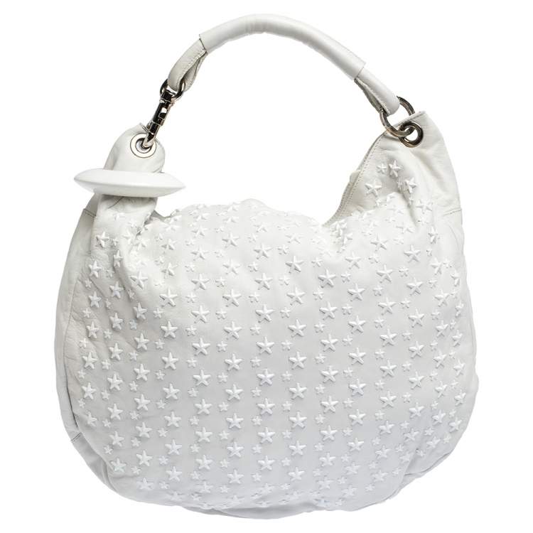 Pre Owned Jimmy Choo White Leather Star Studded Sky Bangle Hobo