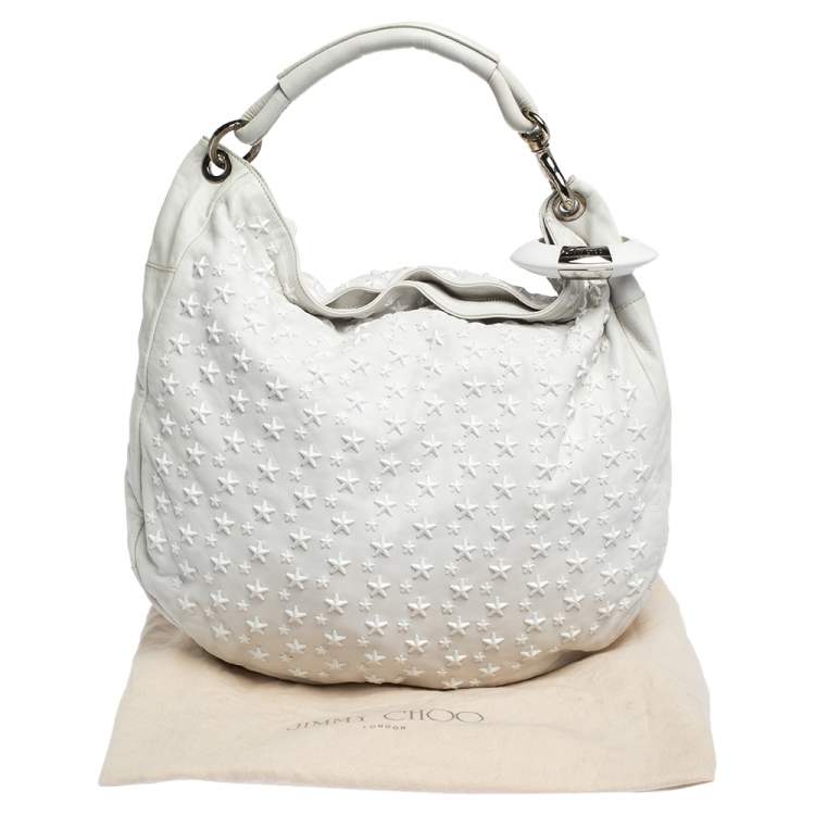 Pre Owned Jimmy Choo White Leather Star Studded Sky Bangle Hobo