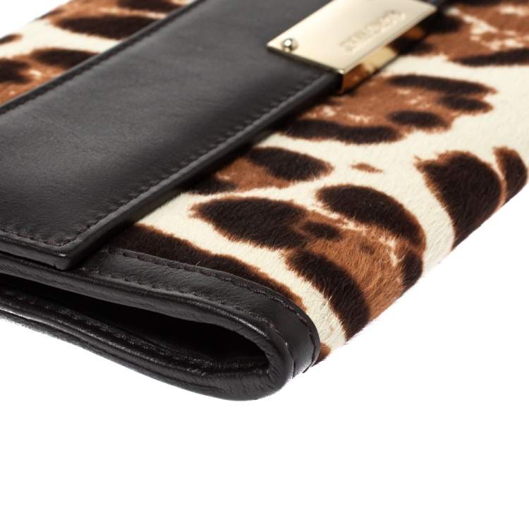Pre Owned Jimmy Choo Brown/Beige Leopard Print Calfhair and Leather Clutch