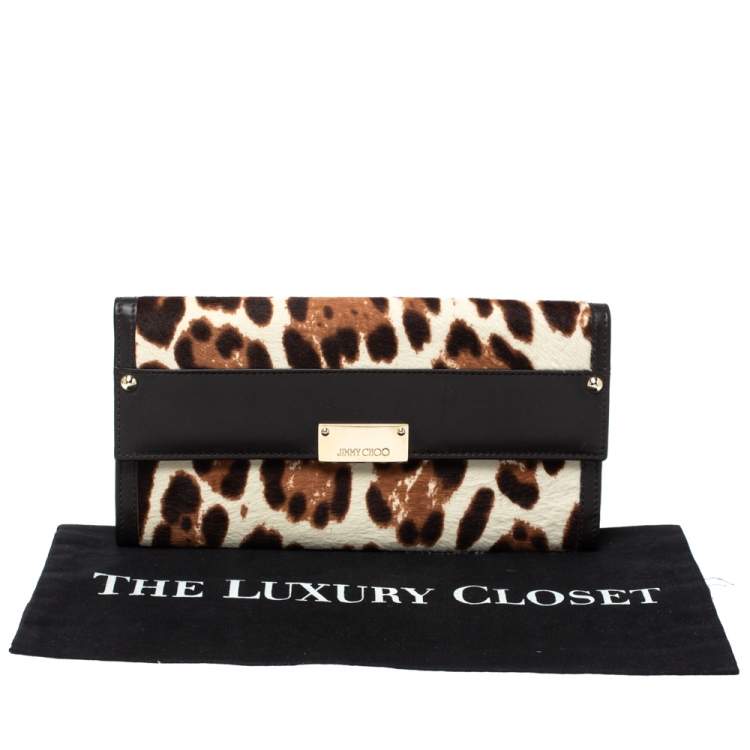 Pre Owned Jimmy Choo Brown/Beige Leopard Print Calfhair and Leather Clutch