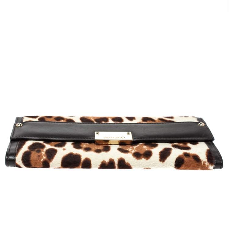 Pre Owned Jimmy Choo Brown/Beige Leopard Print Calfhair and Leather Clutch