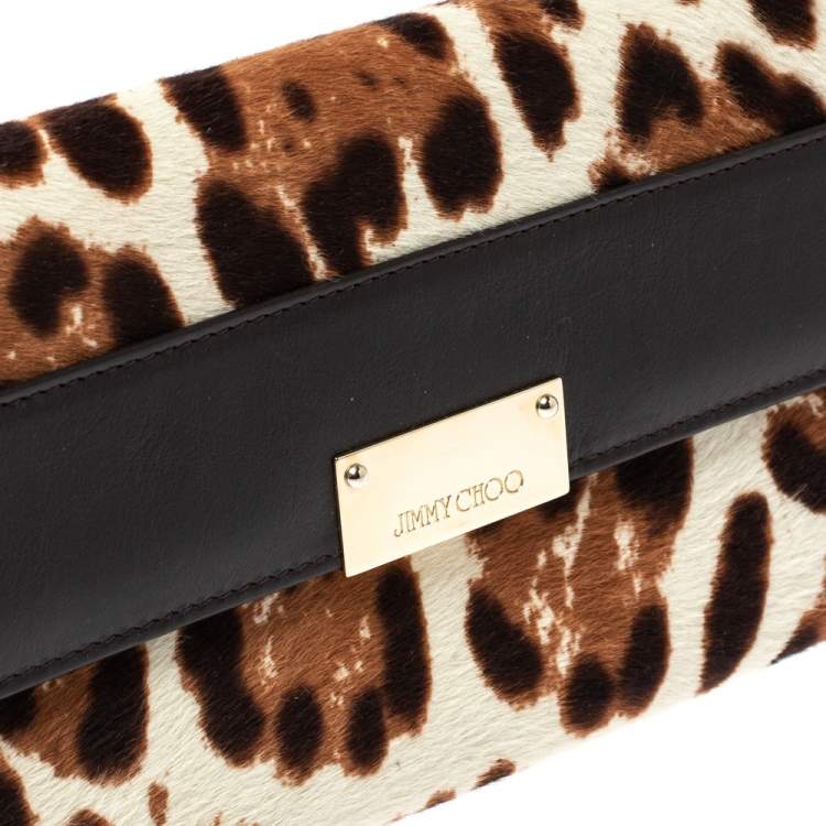 Pre Owned Jimmy Choo Brown/Beige Leopard Print Calfhair and Leather Clutch
