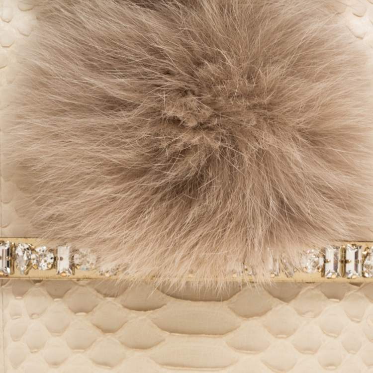 Pre Owned Jimmy Choo White Python and Fox Fur Venus Clutch