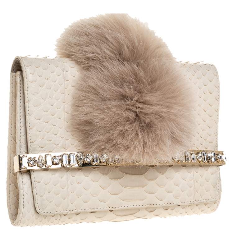 Pre Owned Jimmy Choo White Python and Fox Fur Venus Clutch
