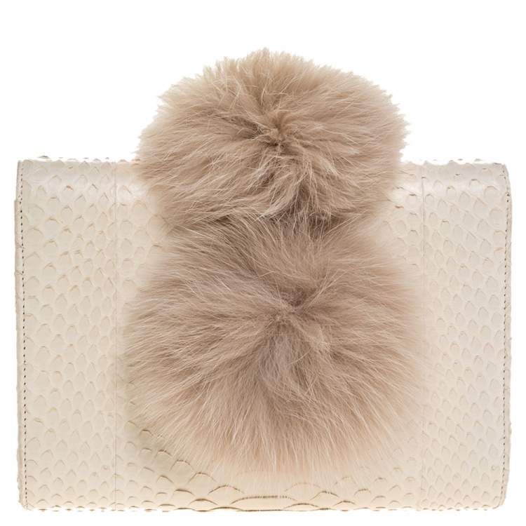Pre Owned Jimmy Choo White Python and Fox Fur Venus Clutch