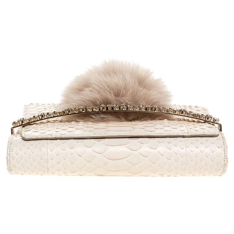 Pre Owned Jimmy Choo White Python and Fox Fur Venus Clutch