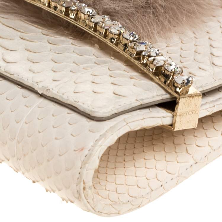Pre Owned Jimmy Choo White Python and Fox Fur Venus Clutch