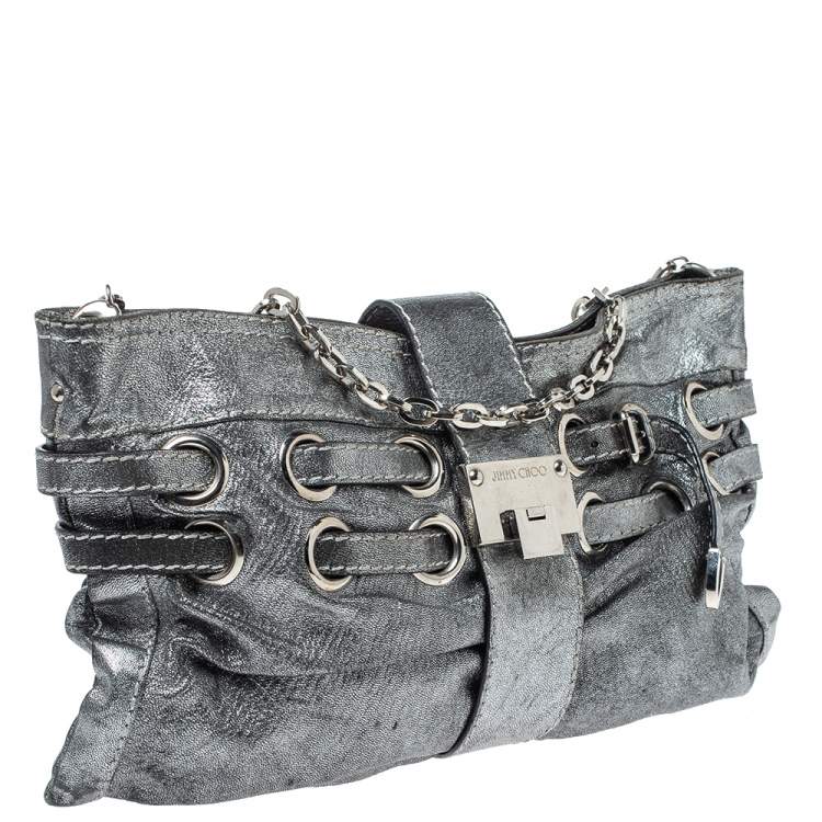 Pre Owned Jimmy Choo Metallic Silver Leather Rio Chain Bag