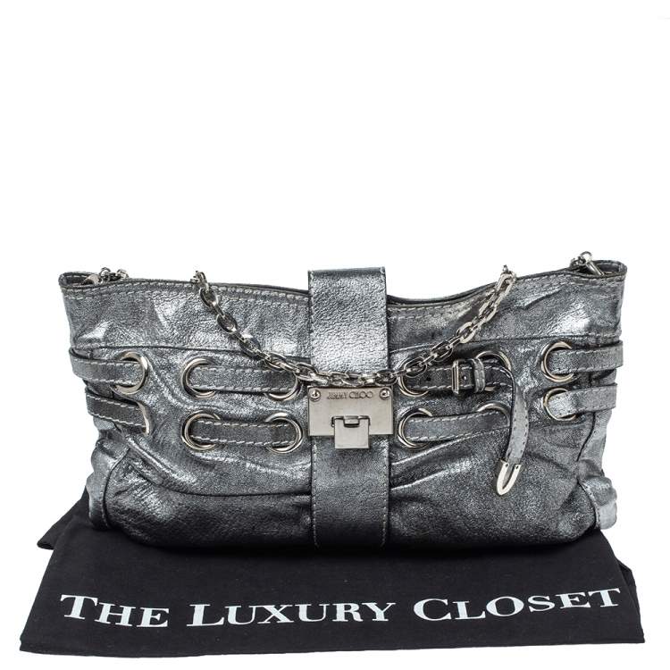 Pre Owned Jimmy Choo Metallic Silver Leather Rio Chain Bag