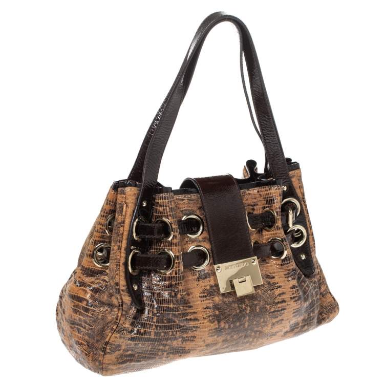 Pre Owned Jimmy Choo Brown Python Effect Patent Leather Ramona Tote