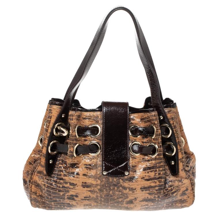 Pre Owned Jimmy Choo Brown Python Effect Patent Leather Ramona Tote