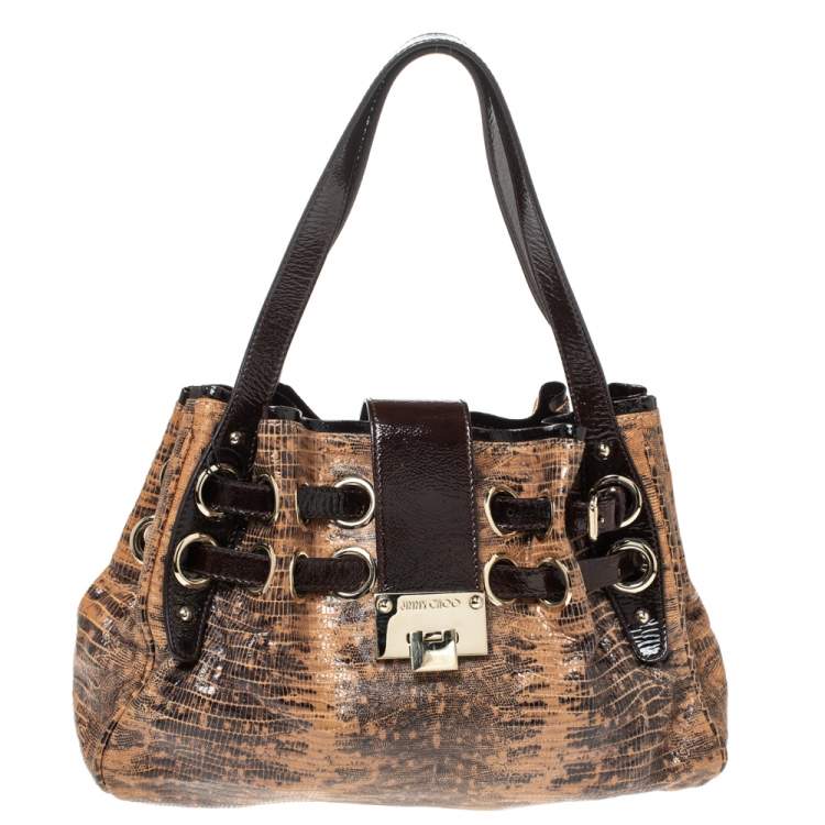 Pre Owned Jimmy Choo Brown Python Effect Patent Leather Ramona Tote