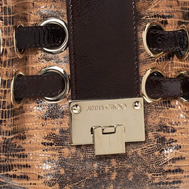 Pre Owned Jimmy Choo Brown Python Effect Patent Leather Ramona Tote
