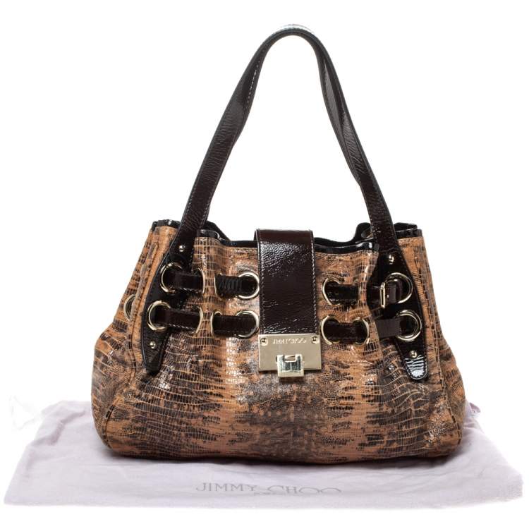 Pre Owned Jimmy Choo Brown Python Effect Patent Leather Ramona Tote