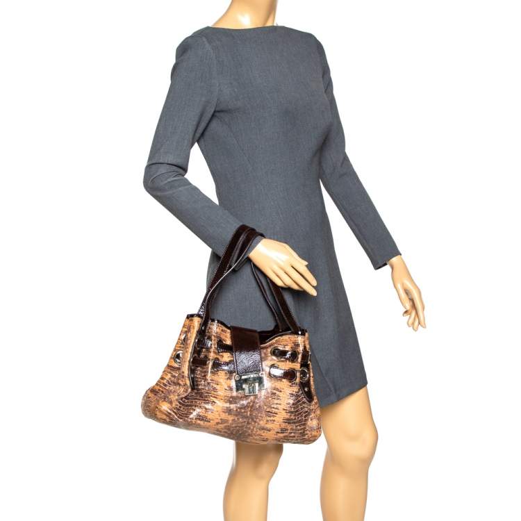 Pre Owned Jimmy Choo Brown Python Effect Patent Leather Ramona Tote