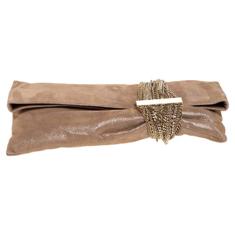 Pre Owned Jimmy Choo Beige Shimmer Suede Chandra Clutch