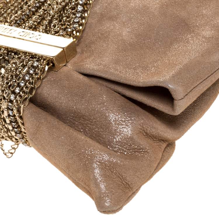 Pre Owned Jimmy Choo Beige Shimmer Suede Chandra Clutch