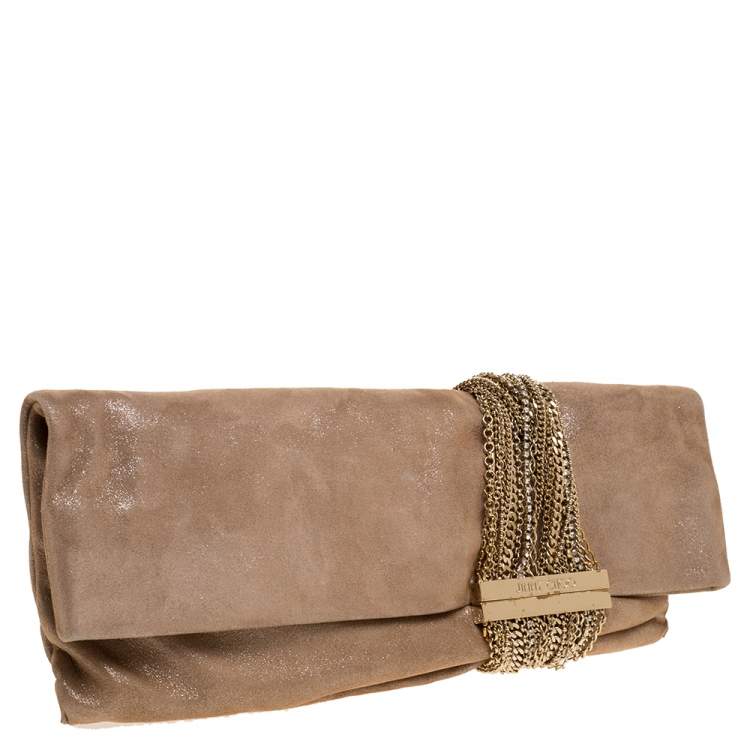 Pre Owned Jimmy Choo Beige Shimmer Suede Chandra Clutch