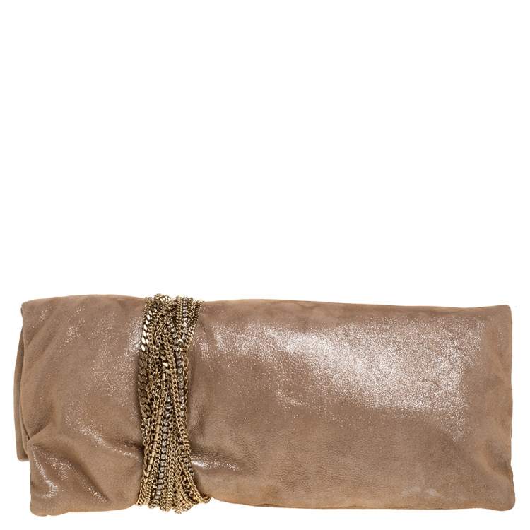 Pre Owned Jimmy Choo Beige Shimmer Suede Chandra Clutch