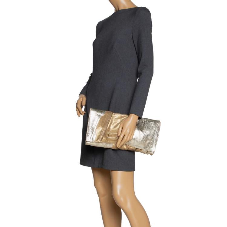 Pre Owned Jimmy Choo Metallic Gold Snakeskin Effect Leather Flap Clutch