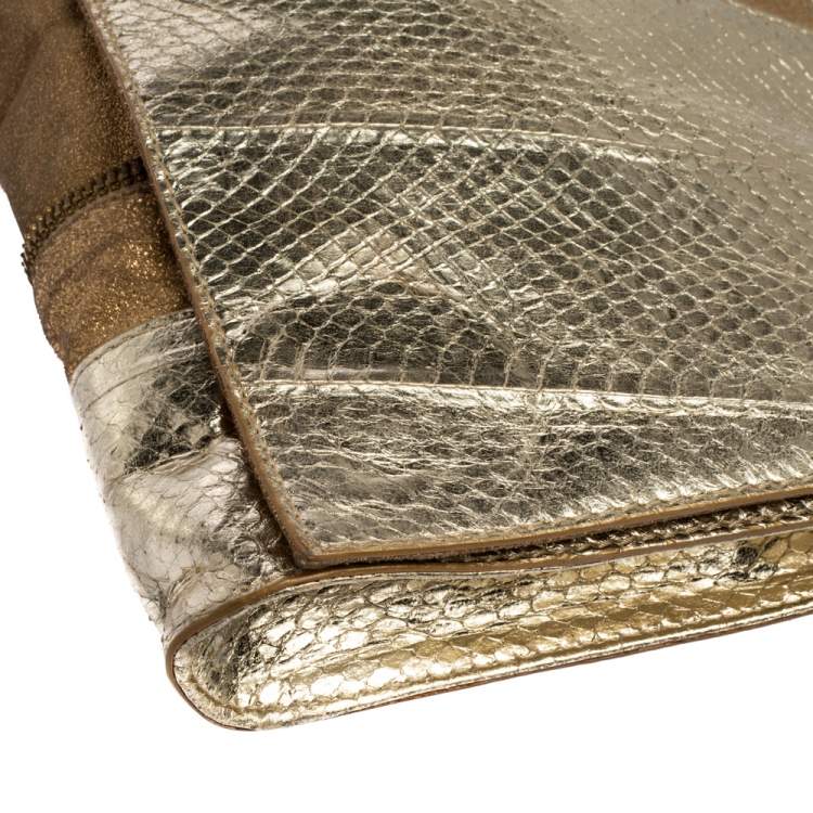 Pre Owned Jimmy Choo Metallic Gold Snakeskin Effect Leather Flap Clutch