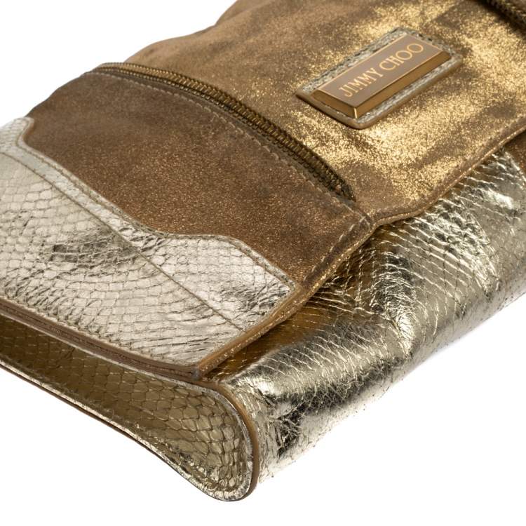 Pre Owned Jimmy Choo Metallic Gold Snakeskin Effect Leather Flap Clutch