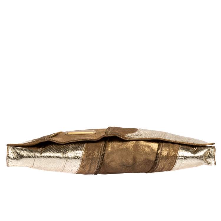 Pre Owned Jimmy Choo Metallic Gold Snakeskin Effect Leather Flap Clutch