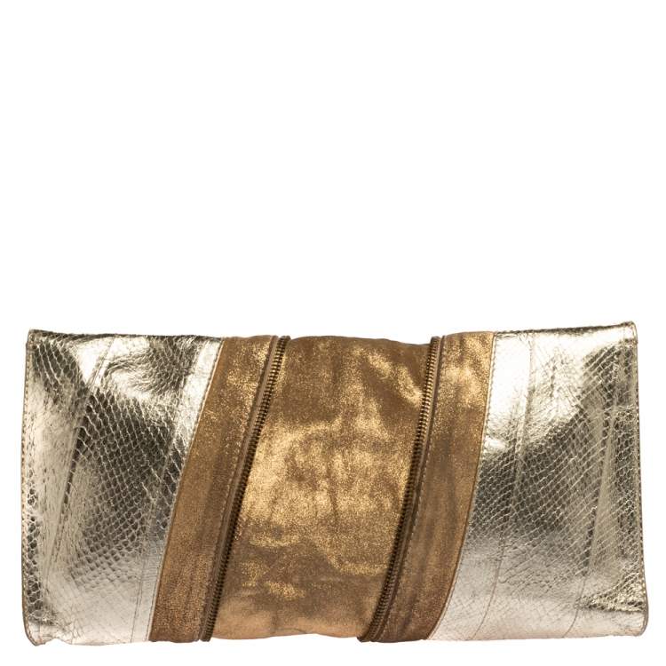 Pre Owned Jimmy Choo Metallic Gold Snakeskin Effect Leather Flap Clutch