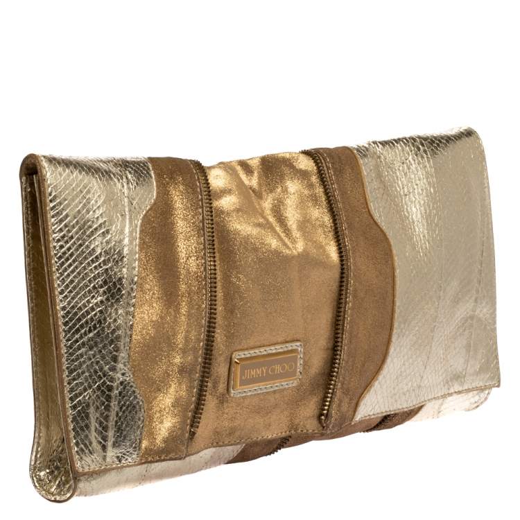 Pre Owned Jimmy Choo Metallic Gold Snakeskin Effect Leather Flap Clutch