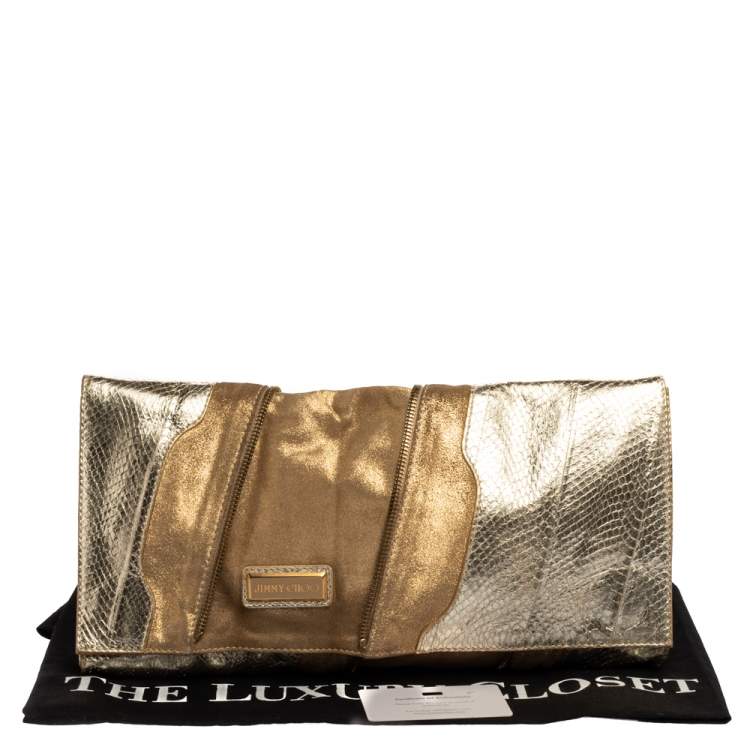 Pre Owned Jimmy Choo Metallic Gold Snakeskin Effect Leather Flap Clutch