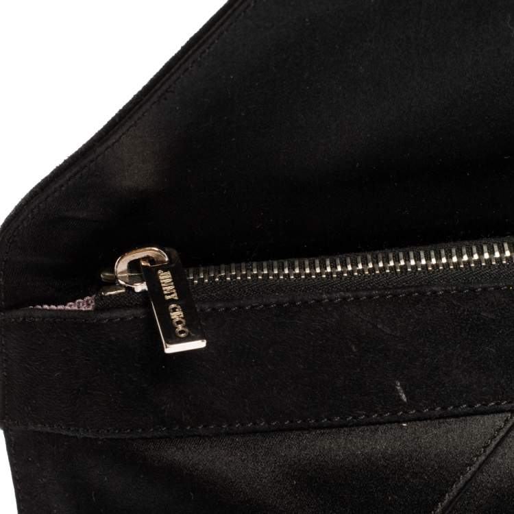 مملوكة مسبقًا Jimmy Choo Black Satin and Suede Fringe Clutch