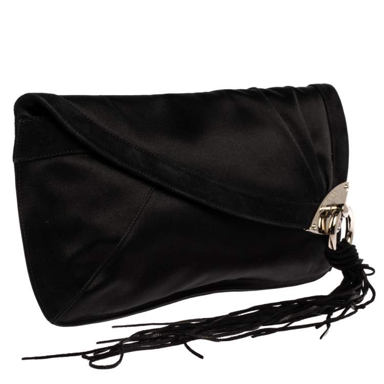 مملوكة مسبقًا Jimmy Choo Black Satin and Suede Fringe Clutch