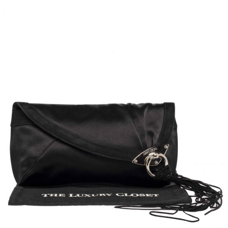 مملوكة مسبقًا Jimmy Choo Black Satin and Suede Fringe Clutch
