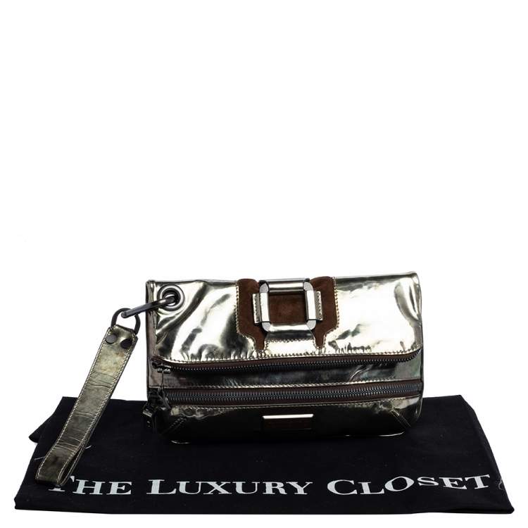 Pre Owned Jimmy Choo Gold Patent Vinyl and Suede Mave Foldover Clutch