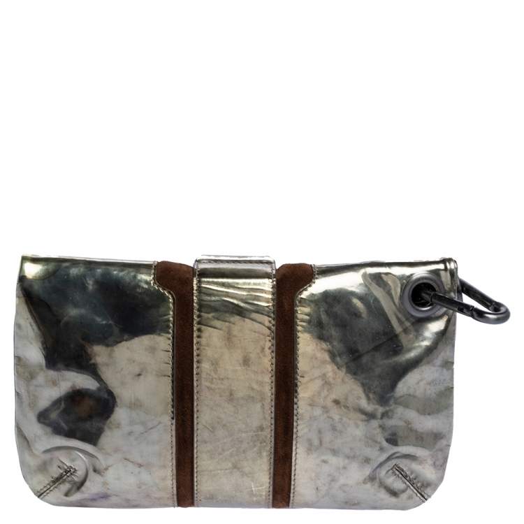 Pre Owned Jimmy Choo Gold Patent Vinyl and Suede Mave Foldover Clutch