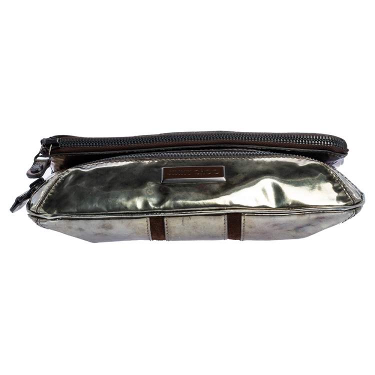 Pre Owned Jimmy Choo Gold Patent Vinyl and Suede Mave Foldover Clutch