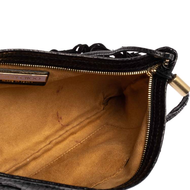 Pre Owned Jimmy Choo Black Python and Suede Fringe Tita Convertible Clutch 