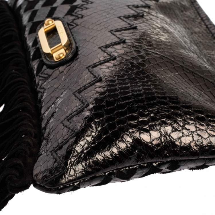 Pre Owned Jimmy Choo Black Python and Suede Fringe Tita Convertible Clutch 