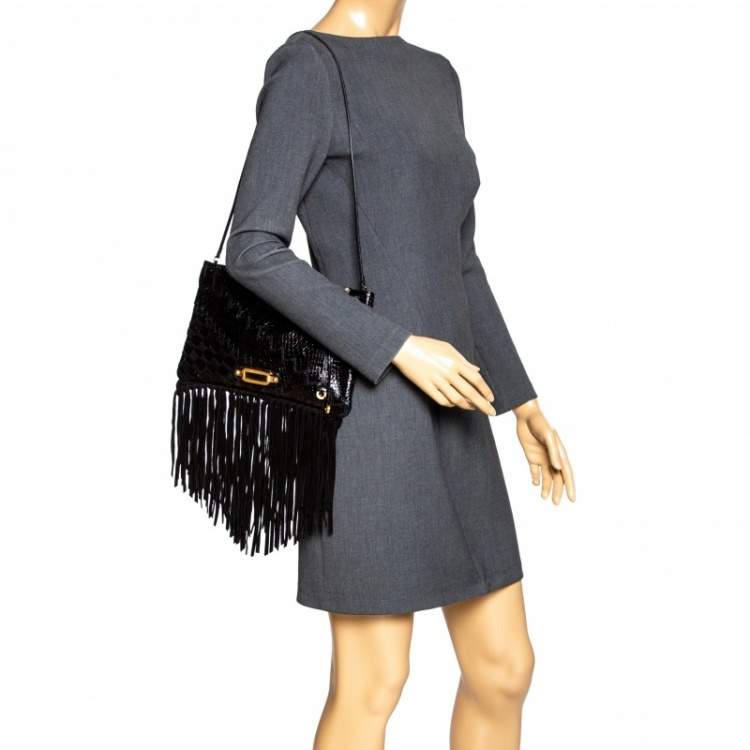 Pre Owned Jimmy Choo Black Python and Suede Fringe Tita Convertible Clutch 